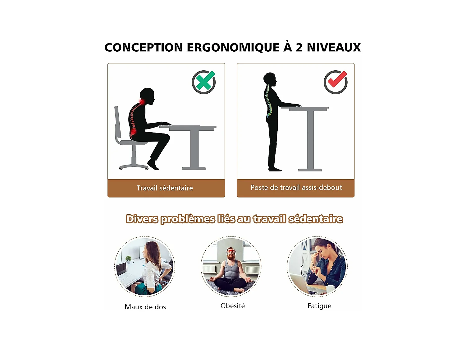 Zit-sta bureau met wielen, 2-laags computertafel met verstelbare hoogte en stalen frame, ergonomisch voor thuis en op kantoor, moderne stijl (natuurlijk)