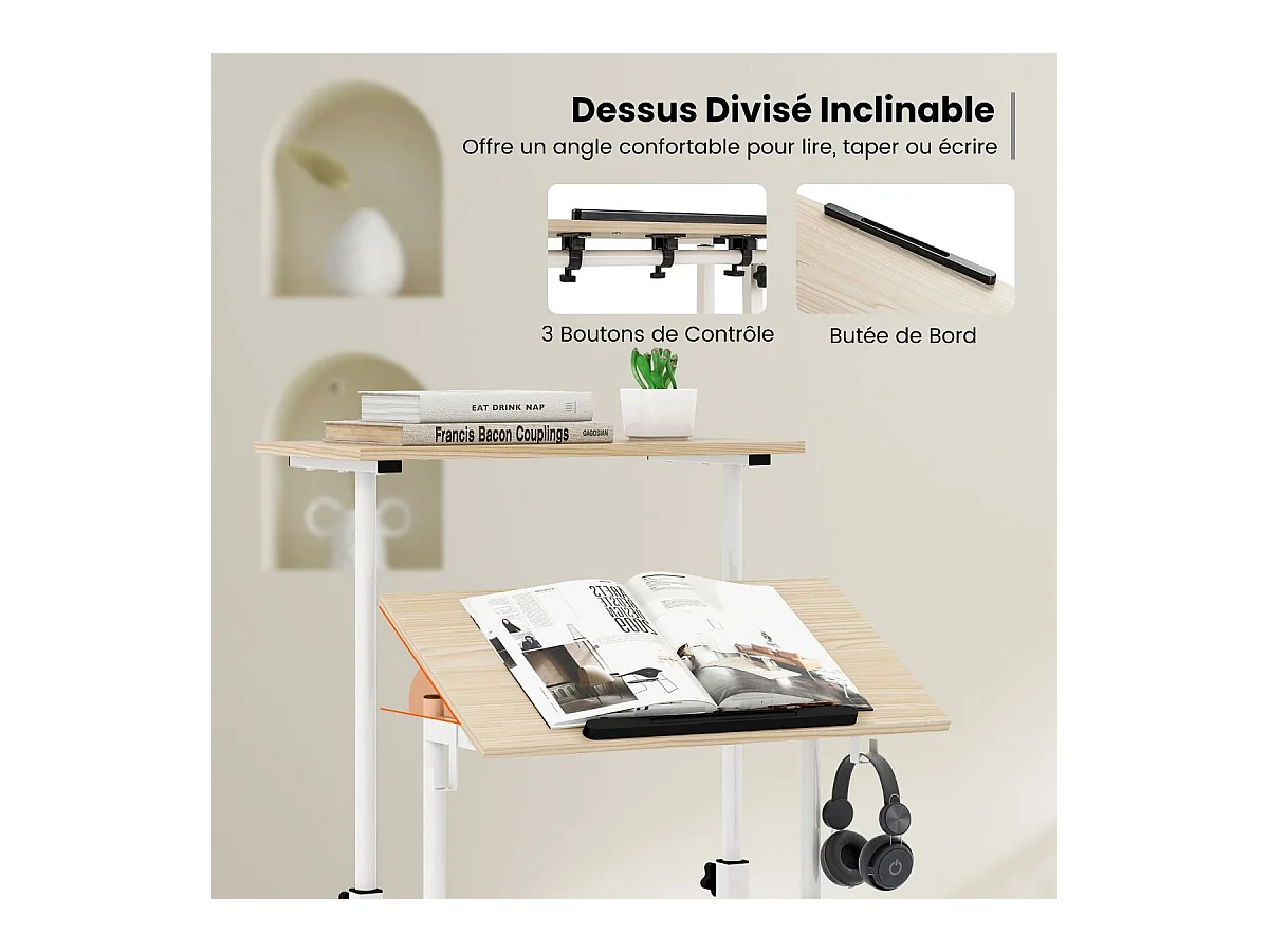 Zit-sta bureau met wielen, 2-laags computertafel met verstelbare hoogte en stalen frame, ergonomisch voor thuis en op kantoor, moderne stijl (natuurlijk)