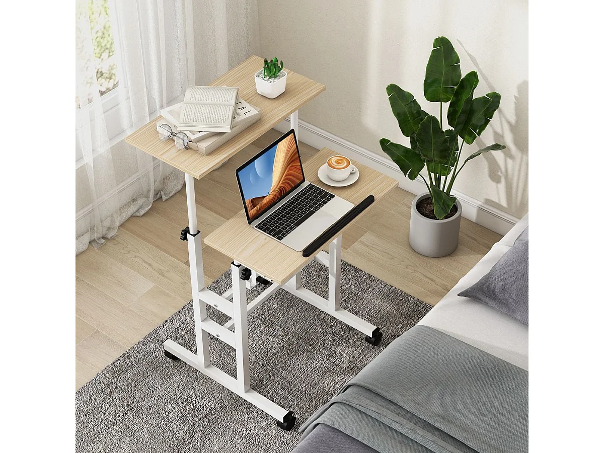Bureau Assis-Debout à roulettes, Table Informatique à 2 Niveaux pour Ordinateur avec Hauteur Réglable et Cadre en Acier, Ergonomique pour Maison et Bureau, Style Moderne (Naturel)
