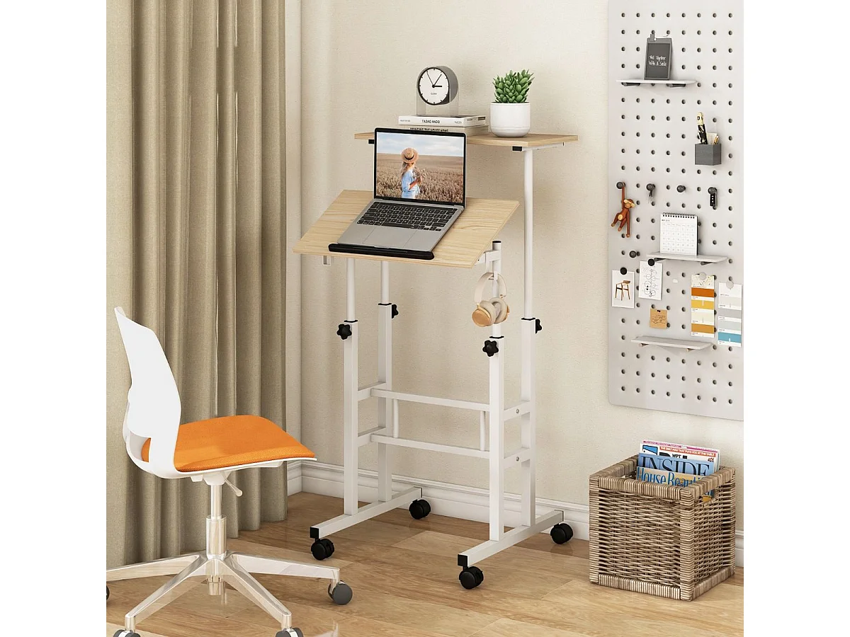 Bureau Assis-Debout à roulettes, Table Informatique à 2 Niveaux pour Ordinateur avec Hauteur Réglable et Cadre en Acier, Ergonomique pour Maison et Bureau, Style Moderne (Naturel)