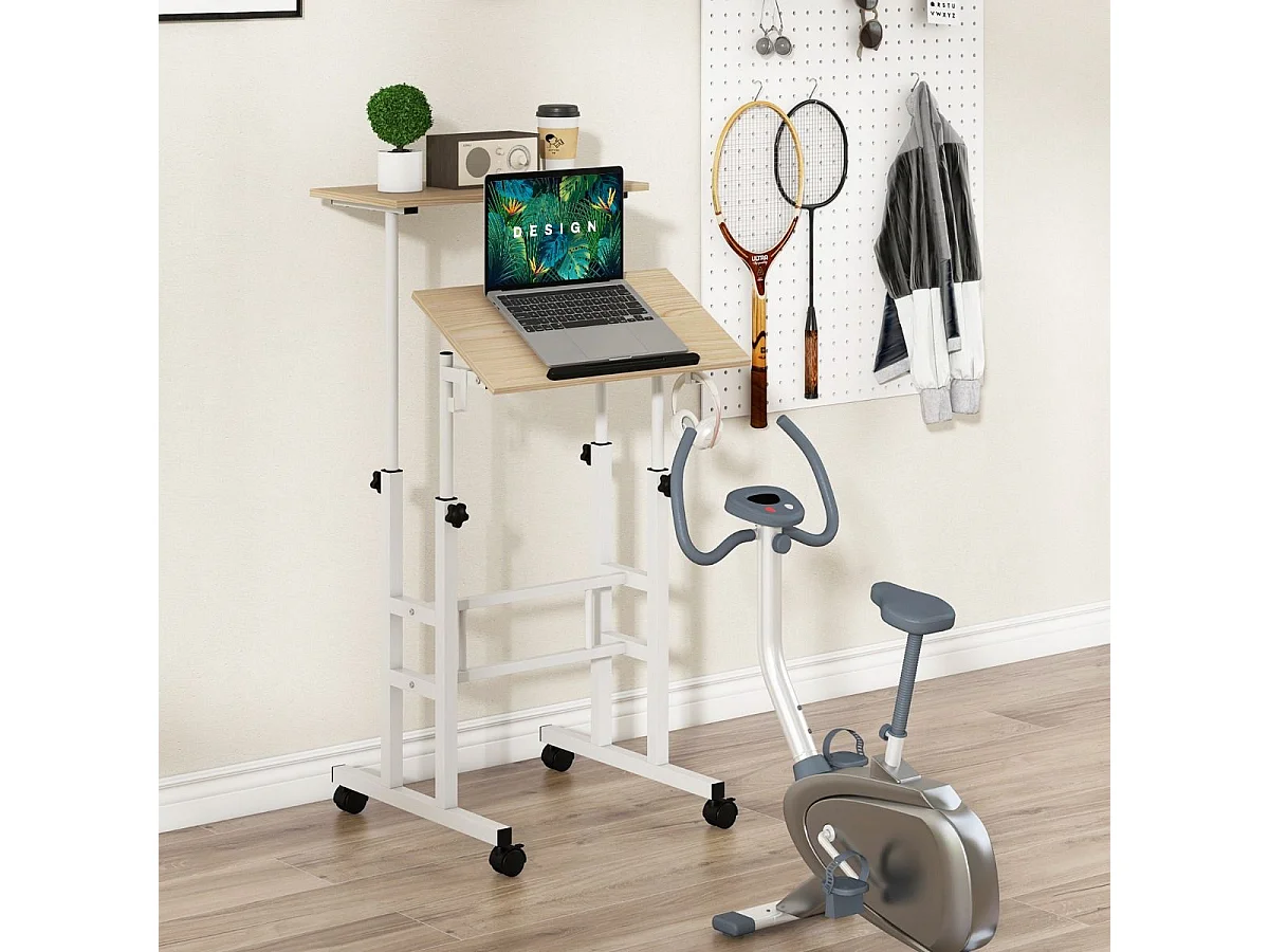 Bureau Assis-Debout à roulettes, Table Informatique à 2 Niveaux pour Ordinateur avec Hauteur Réglable et Cadre en Acier, Ergonomique pour Maison et Bureau, Style Moderne (Naturel)