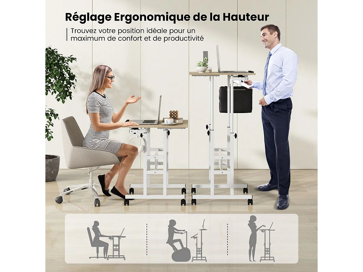Bureau Assis-Debout à roulettes, Table Informatique à 2 Niveaux pour Ordinateur avec Hauteur Réglable et Cadre en Acier, Ergonomique pour Maison et Bureau, Style Moderne (Naturel)