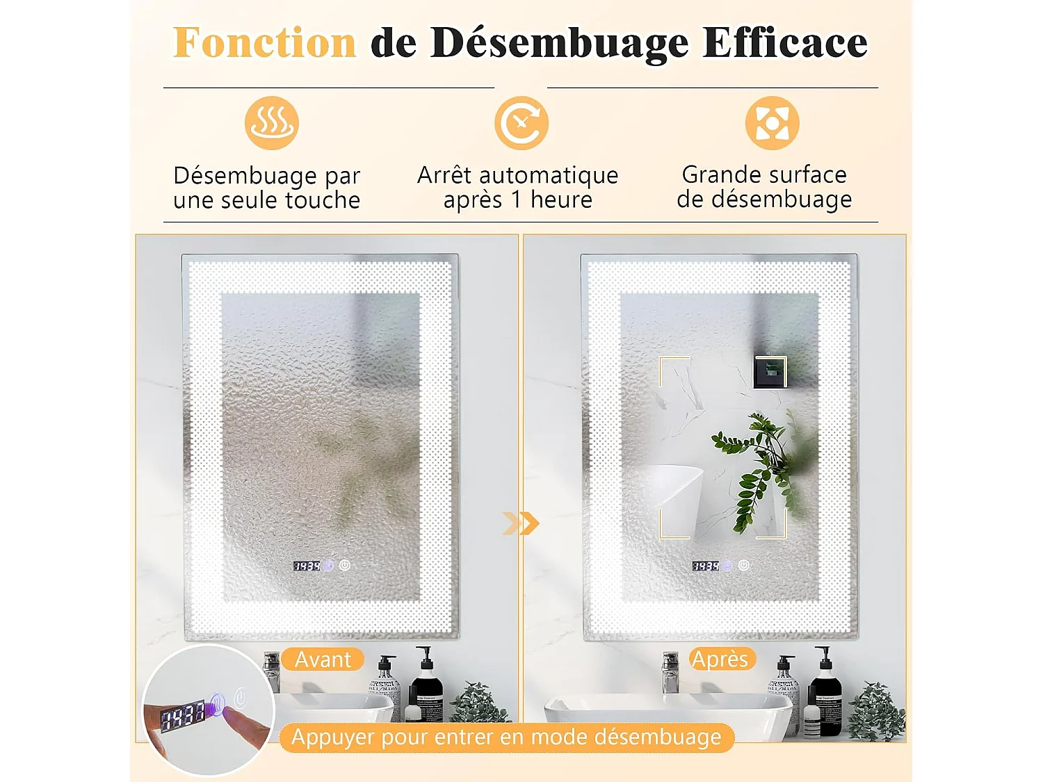 Miroir Salle de Bain LED à 3 Couleurs & Luminosité Réglable, 70 x 50 cm
