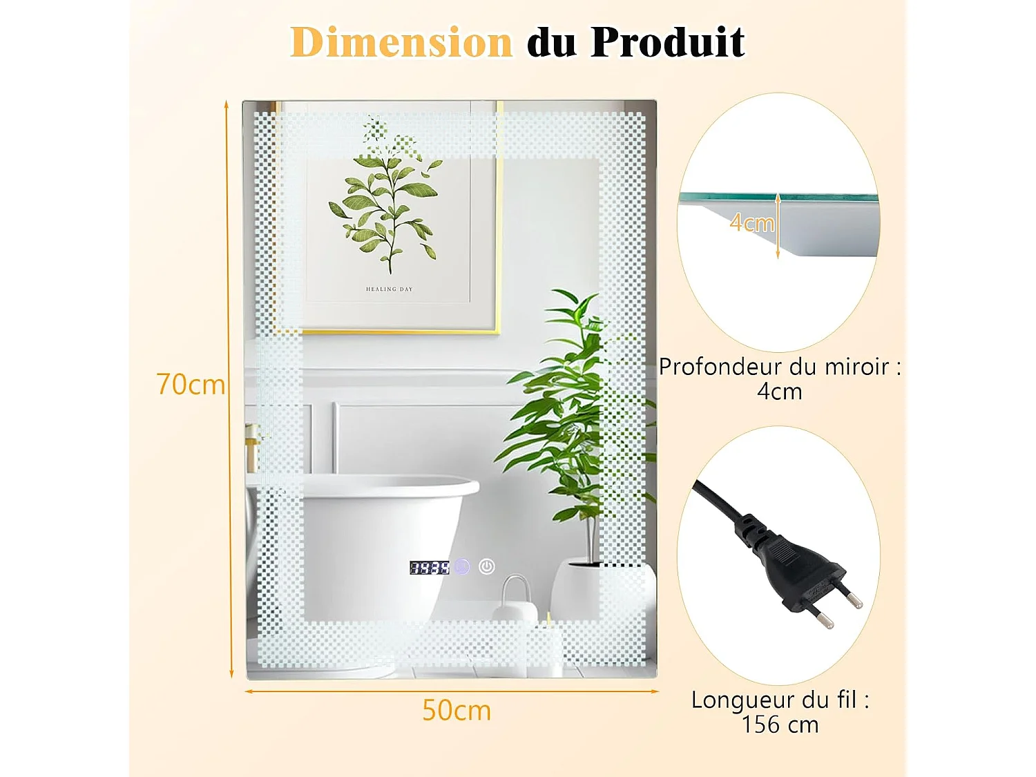 Miroir Salle de Bain LED à 3 Couleurs & Luminosité Réglable, 70 x 50 cm