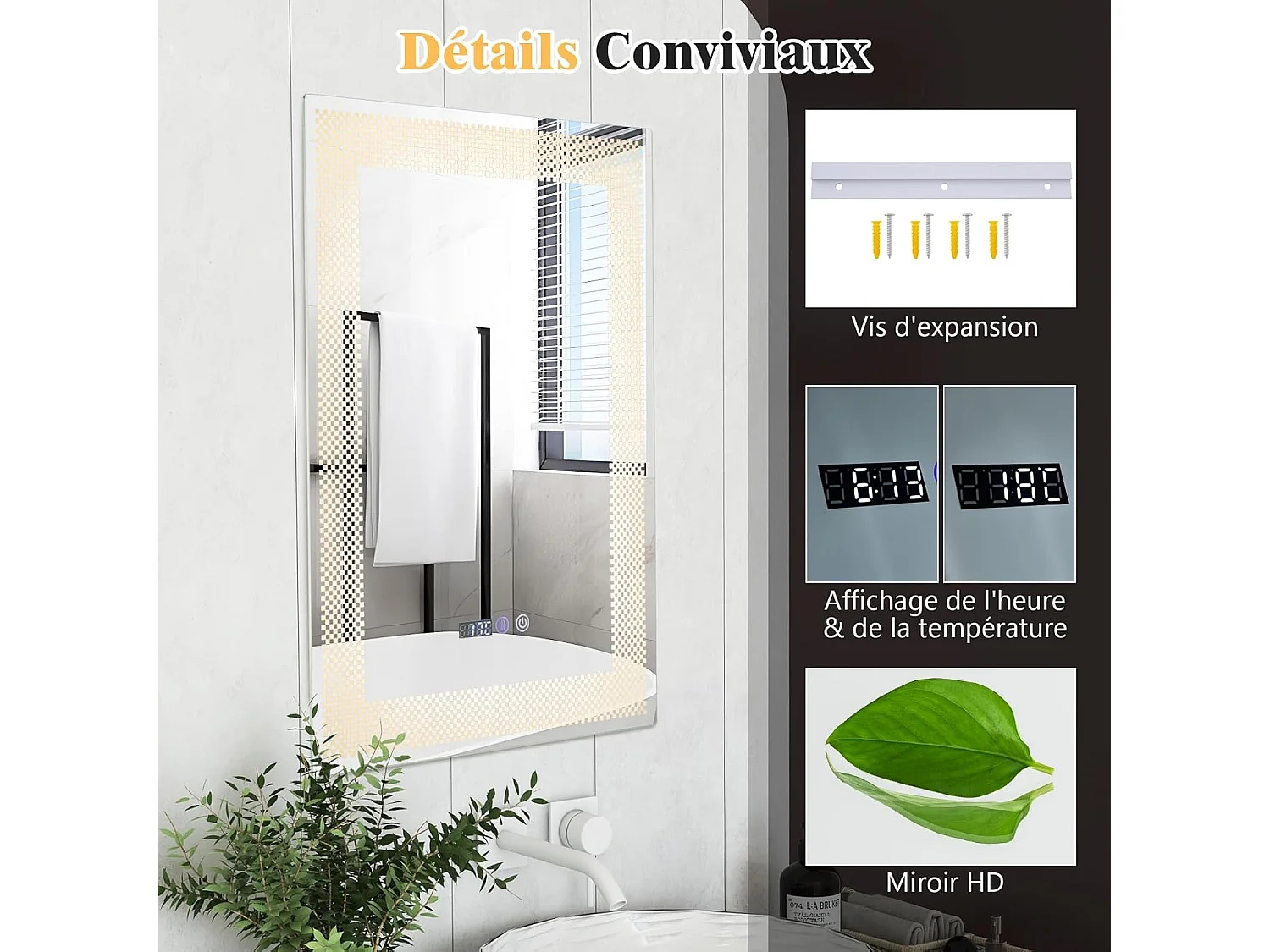 Miroir Salle de Bain LED à 3 Couleurs & Luminosité Réglable, 70 x 50 cm