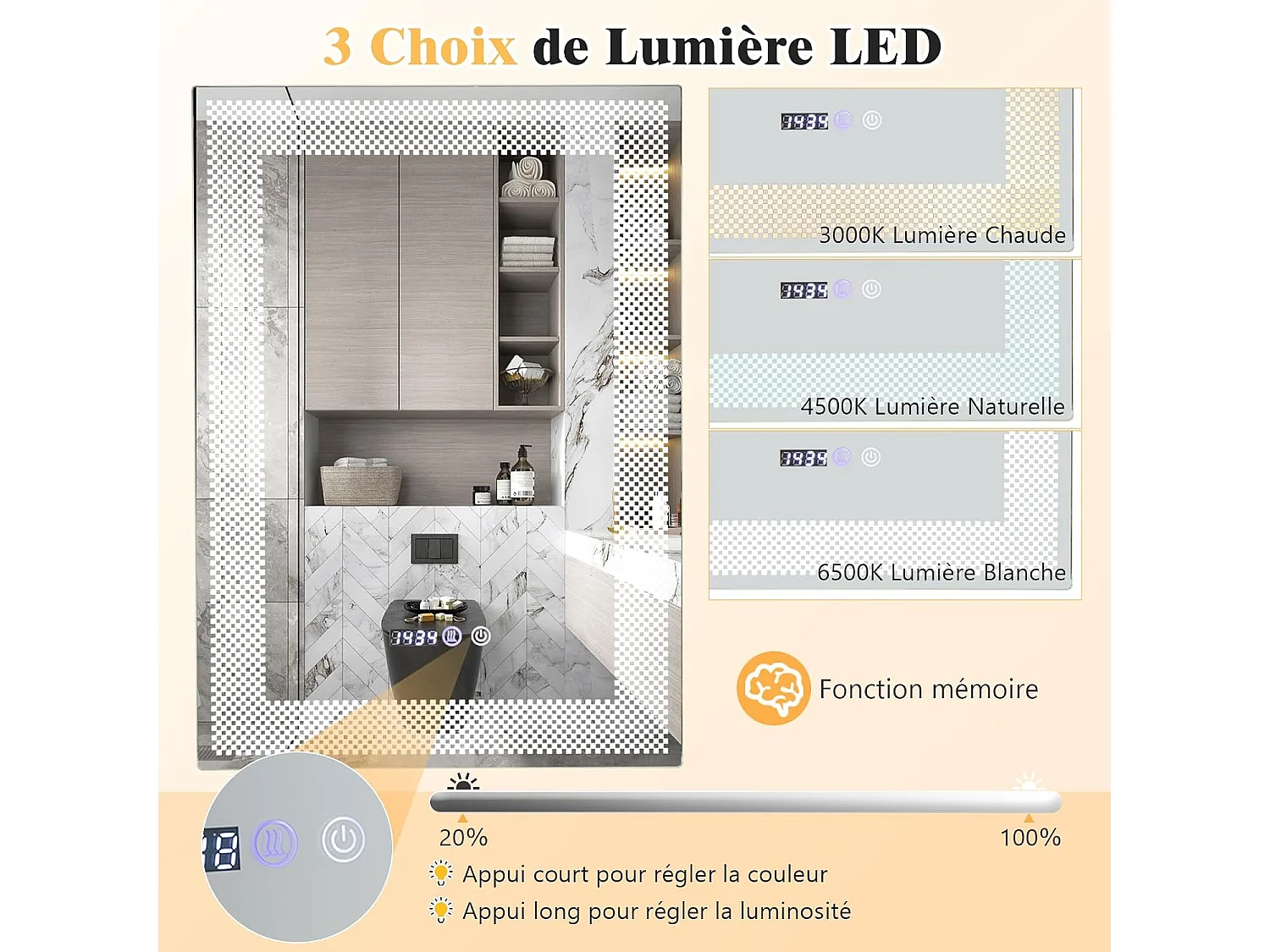 LED-badkamerspiegel met 3 kleuren en instelbare helderheid, 70 x 50 cm