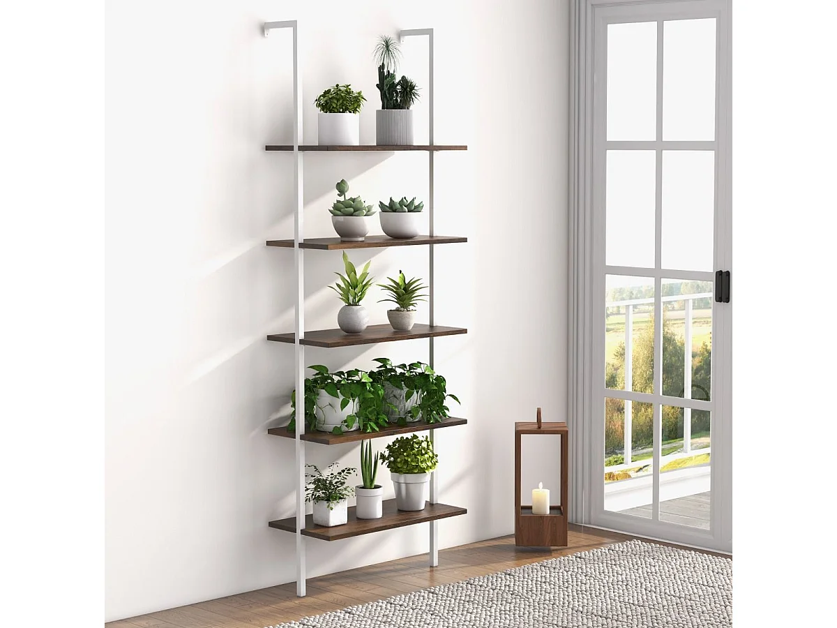 Étagère Échelle Bibliothèque  à 5 Niveaux avec Cadre Métallique, Étagère Murale à 5 Niveaux 60x30x180CM (Marron + Blanc)
