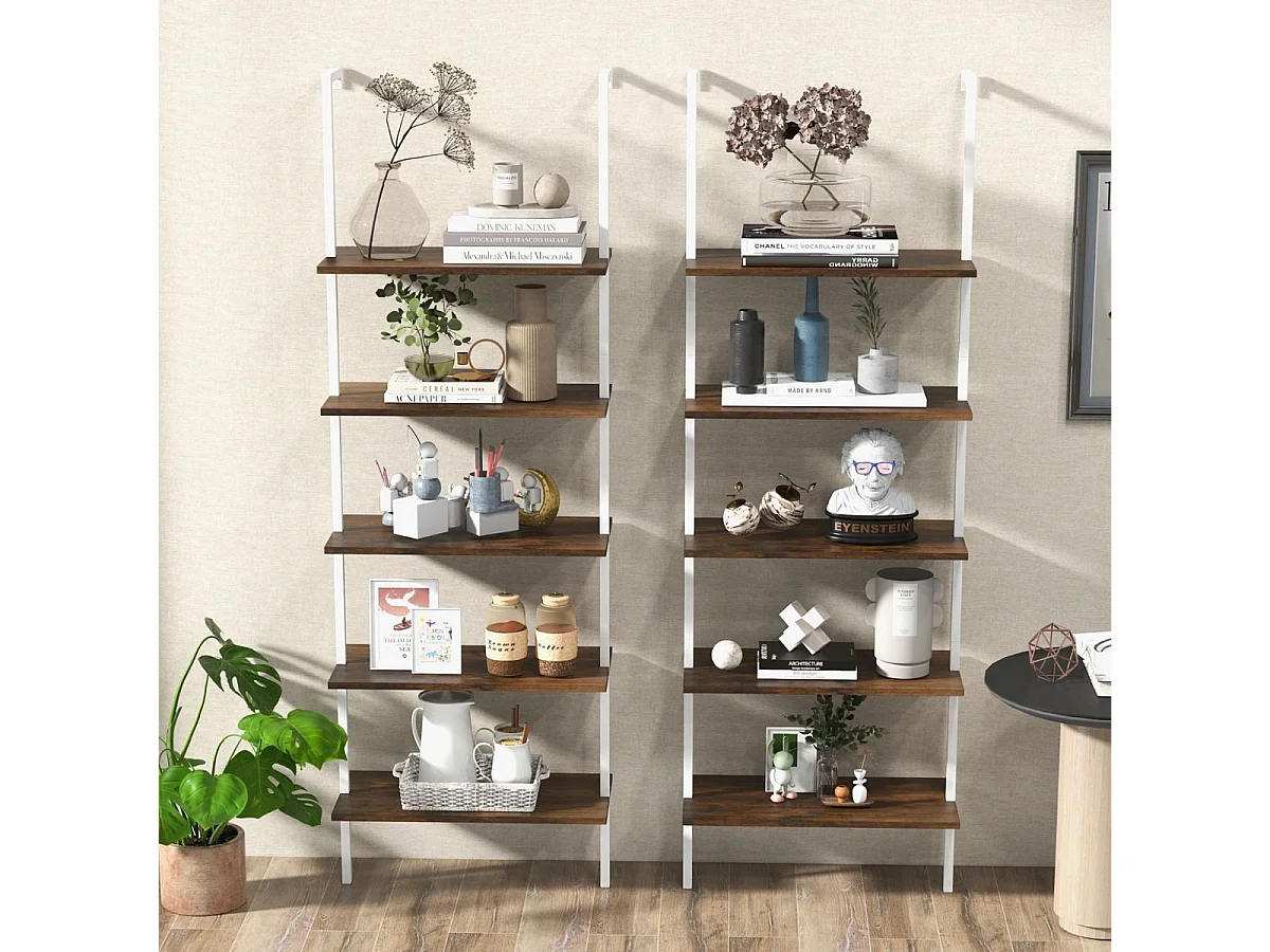 Étagère Échelle Bibliothèque  à 5 Niveaux avec Cadre Métallique, Étagère Murale à 5 Niveaux 60x30x180CM (Marron + Blanc)