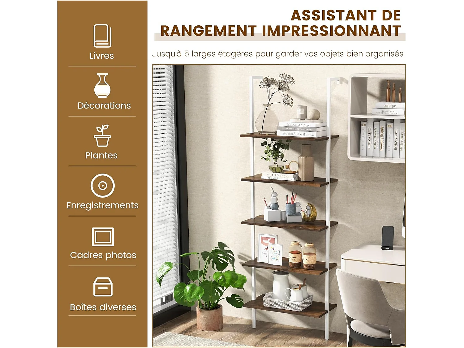 Étagère Échelle Bibliothèque  à 5 Niveaux avec Cadre Métallique, Étagère Murale à 5 Niveaux 60x30x180CM (Marron + Blanc)