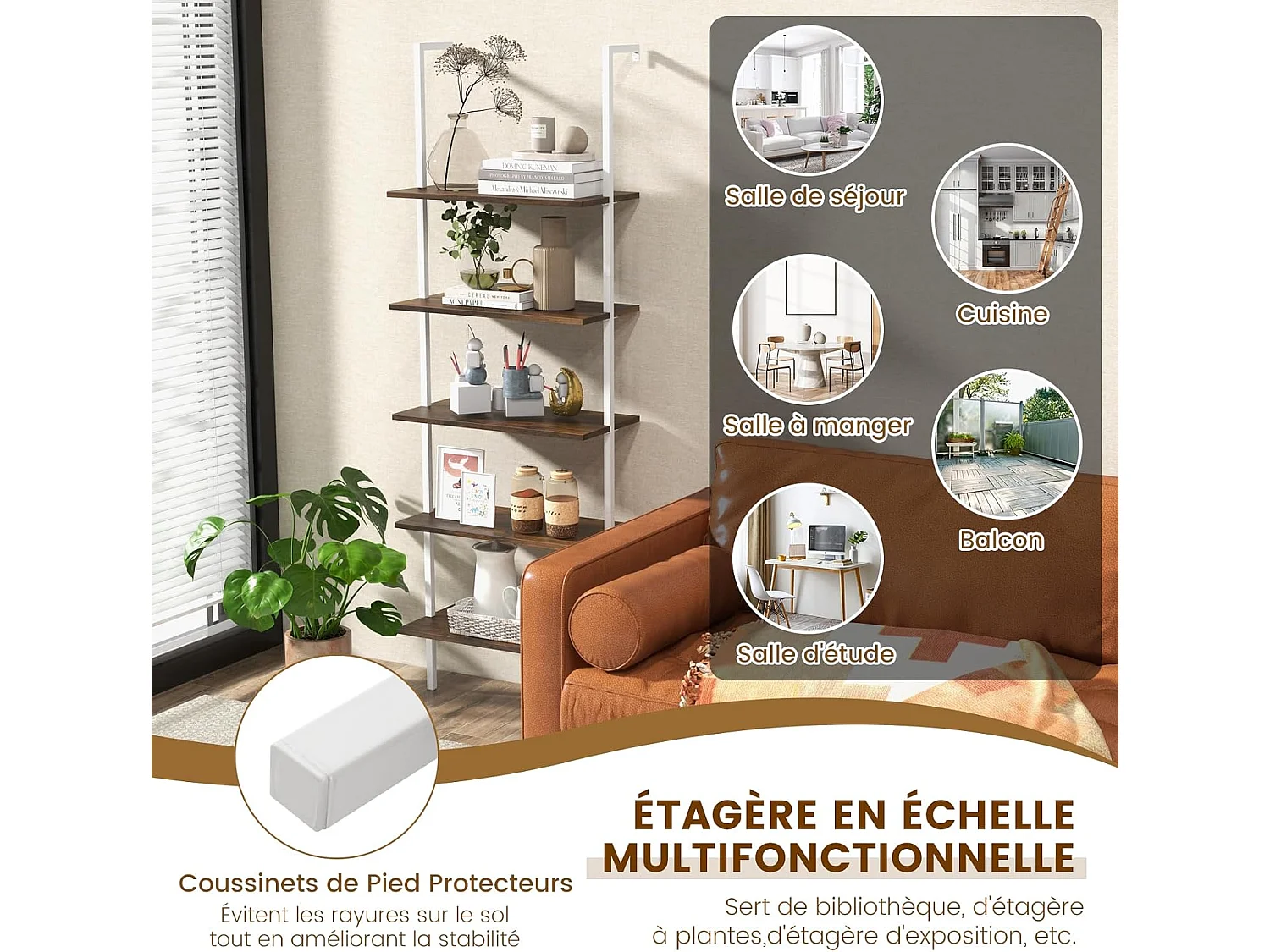 Étagère Échelle Bibliothèque  à 5 Niveaux avec Cadre Métallique, Étagère Murale à 5 Niveaux 60x30x180CM (Marron + Blanc)