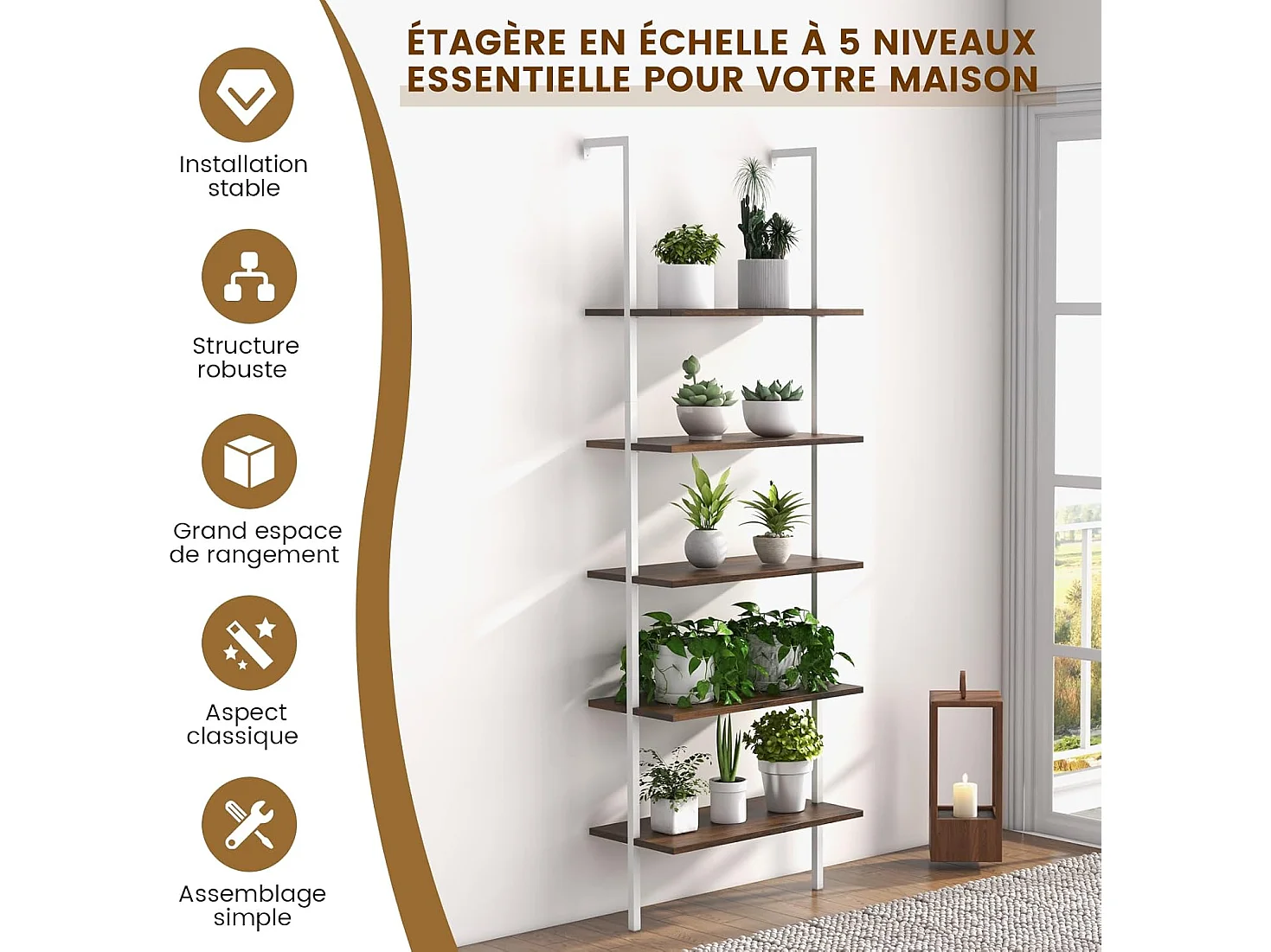 Étagère Échelle Bibliothèque  à 5 Niveaux avec Cadre Métallique, Étagère Murale à 5 Niveaux 60x30x180CM (Marron + Blanc)