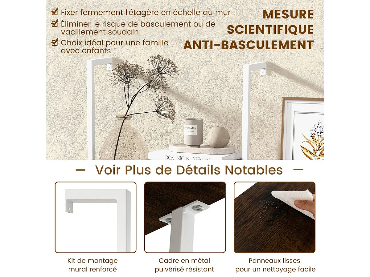 Étagère Échelle Bibliothèque  à 5 Niveaux avec Cadre Métallique, Étagère Murale à 5 Niveaux 60x30x180CM (Marron + Blanc)
