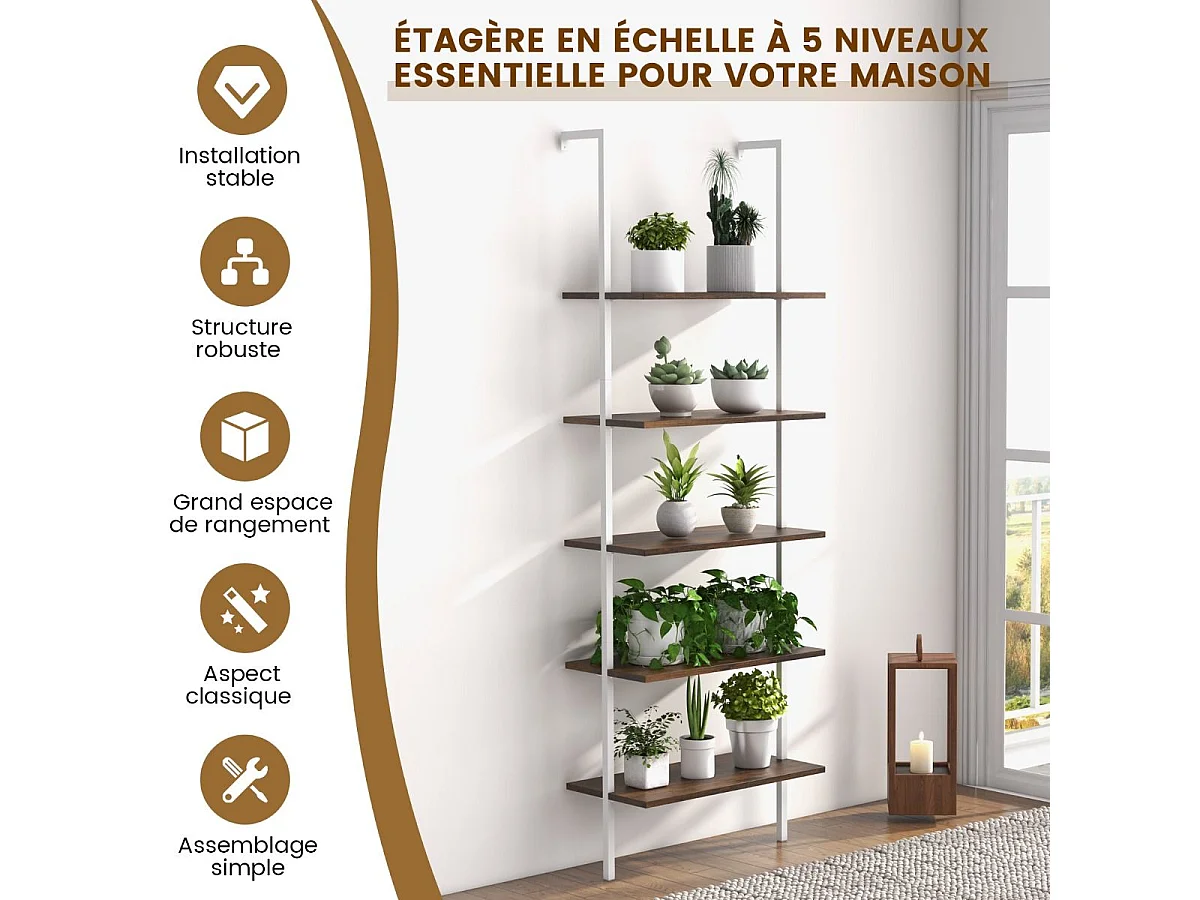 Étagère Échelle Bibliothèque  à 5 Niveaux avec Cadre Métallique, Étagère Murale à 5 Niveaux 60x30x180CM (Marron + Blanc)