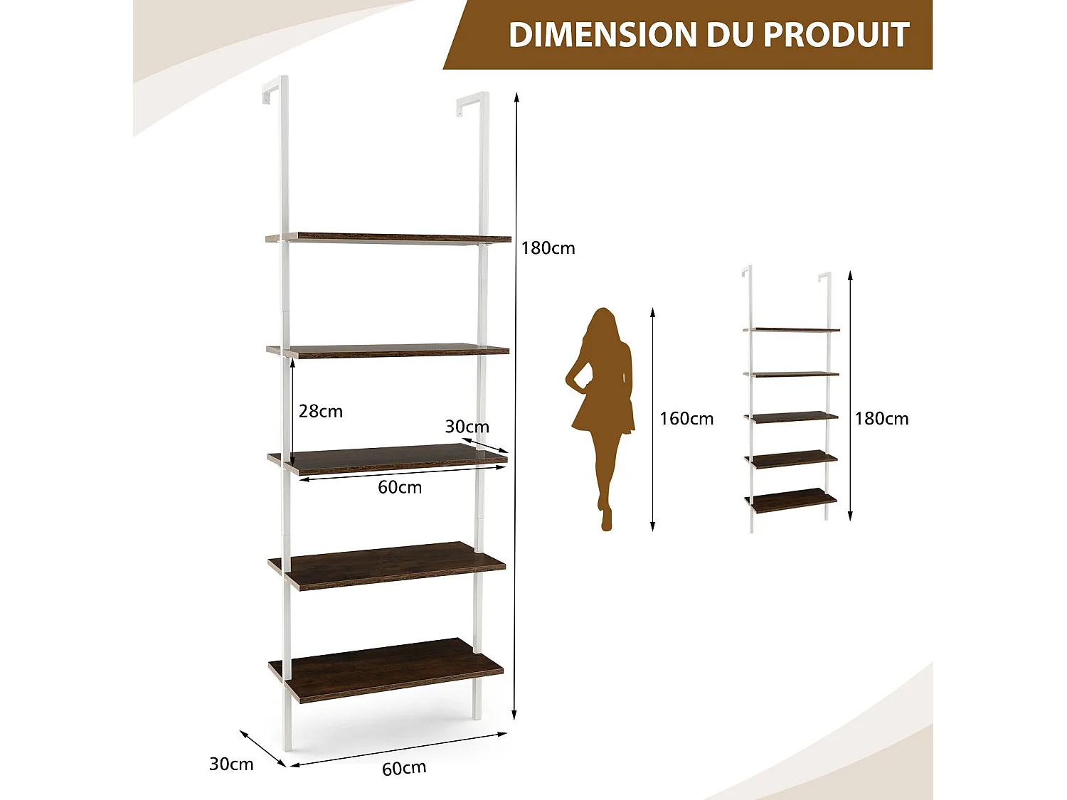 Étagère Échelle Bibliothèque  à 5 Niveaux avec Cadre Métallique, Étagère Murale à 5 Niveaux 60x30x180CM (Marron + Blanc)
