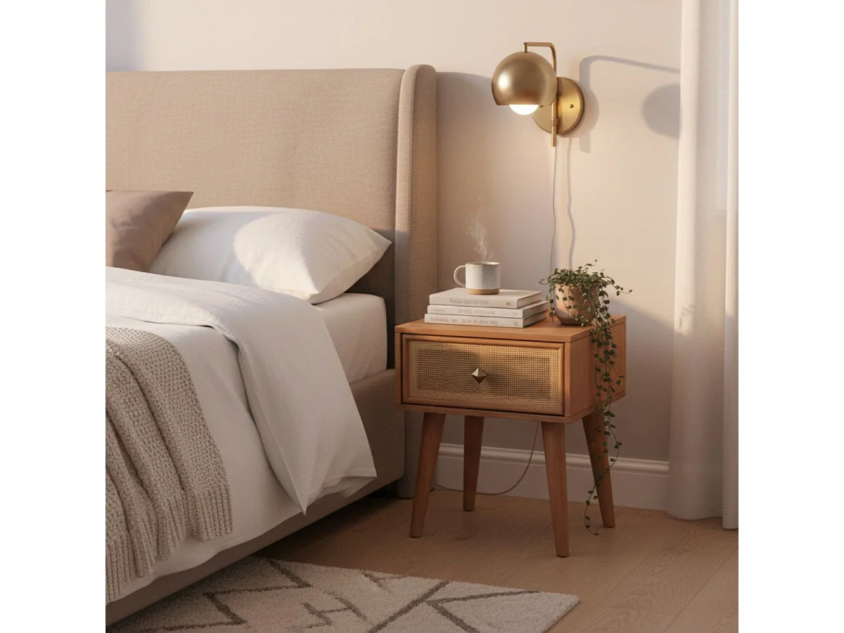 KESIAH - Chevet 1 tiroir en acacia finition teinté teck avec plaquage cannage