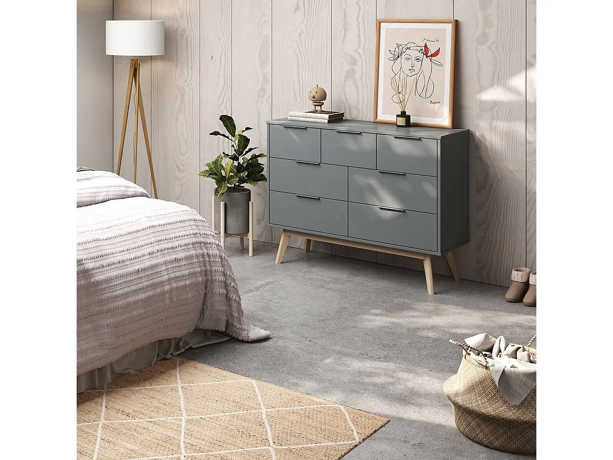 CANACA - Commode 7 Tiroirs Scandinave MDF et Pin Massif Gris Vert