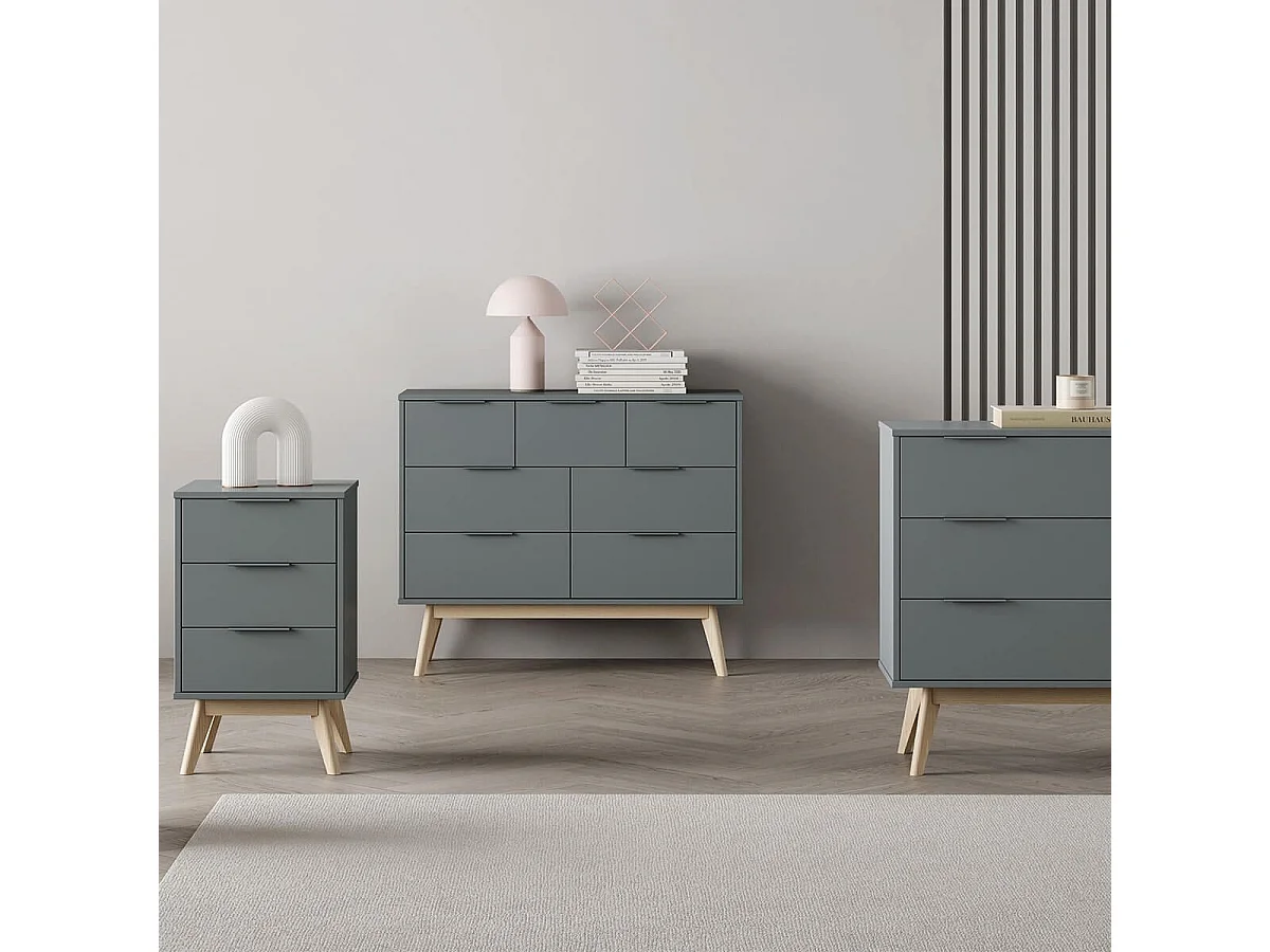 CANACA - Commode 7 Tiroirs Scandinave MDF et Pin Massif Gris Vert