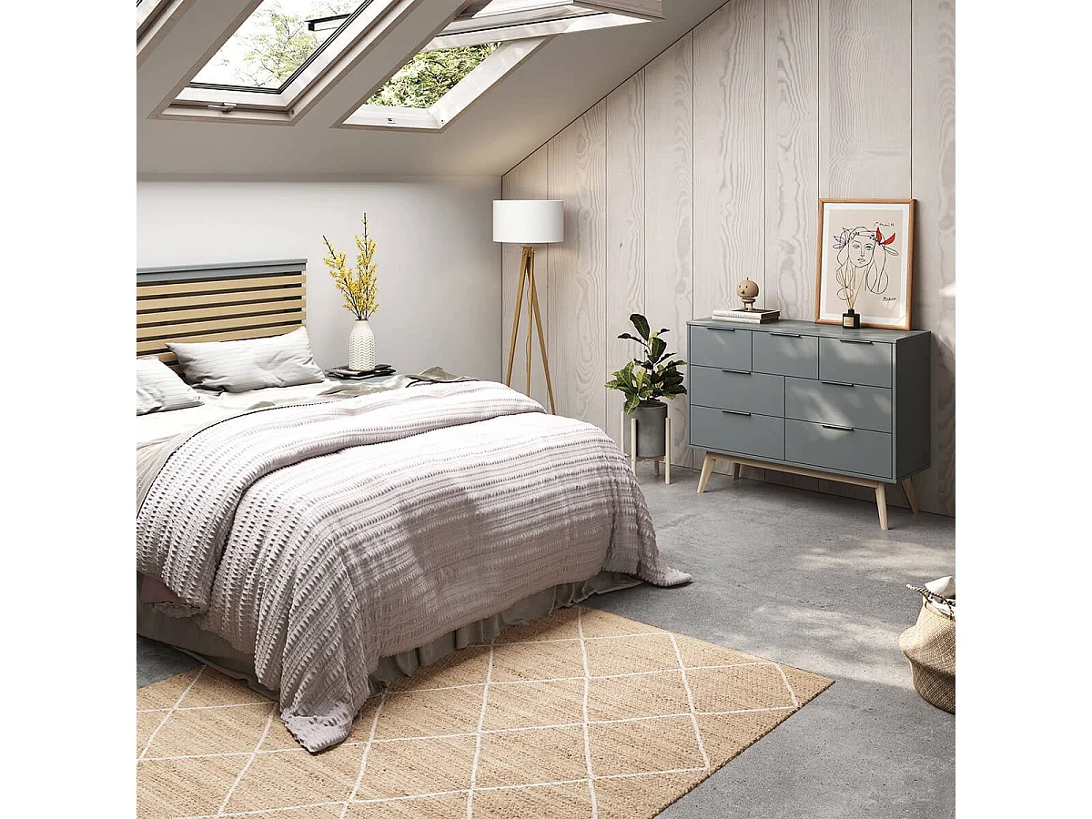 CANACA - Commode 7 Tiroirs Scandinave MDF et Pin Massif Gris Vert