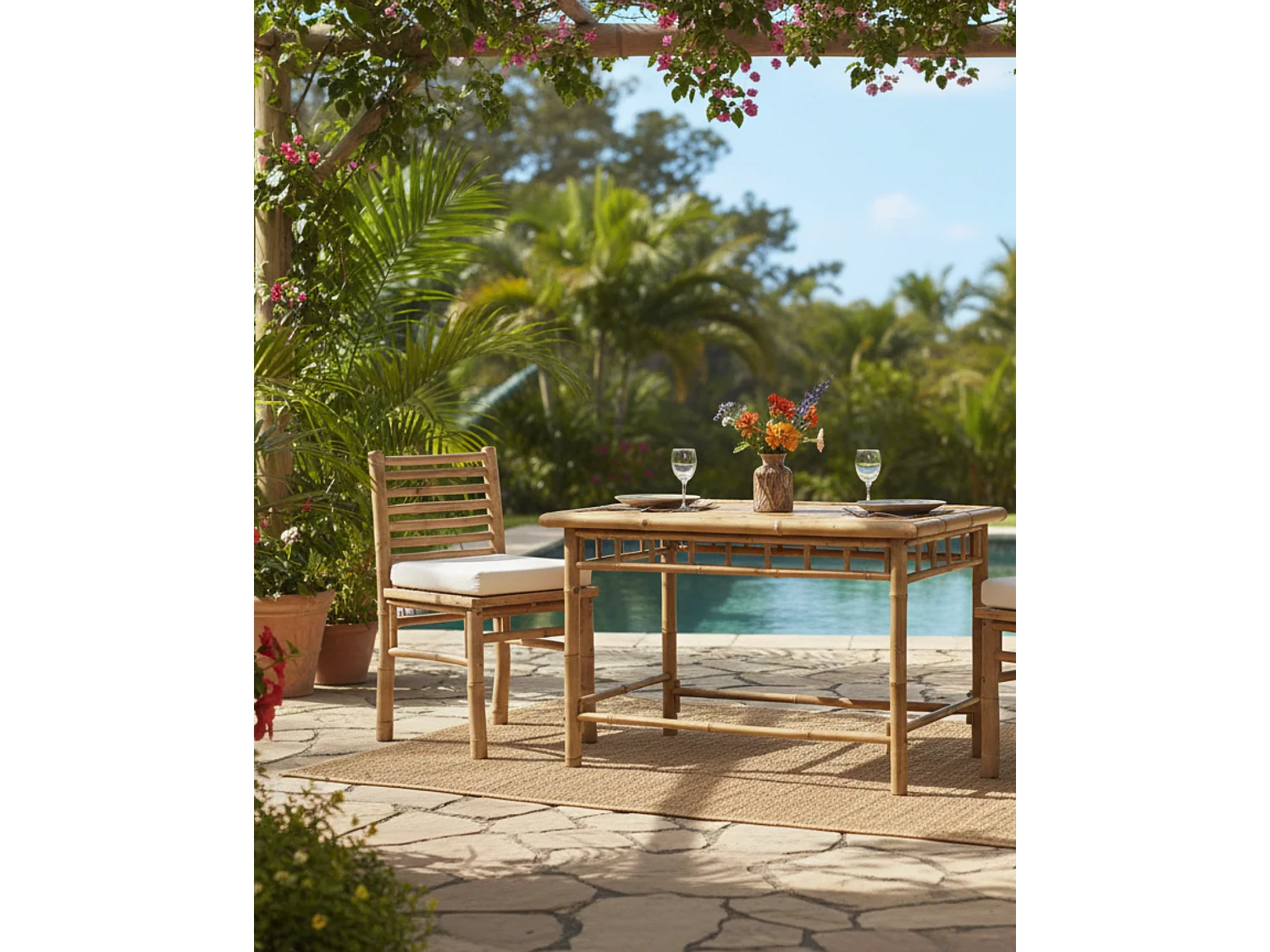 Sedia in Bambù Naturale con Cuscino in Cotone Stile Naturale Interno Esterno