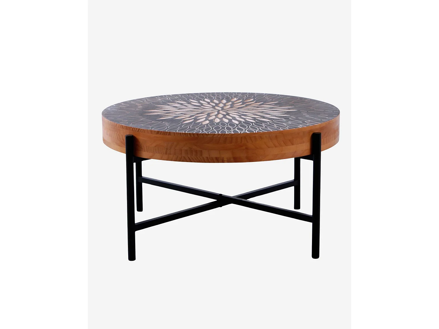 Tavolino da caffè rotondo "Bangkok" stile esotico dal design particolare a incisioni su legno