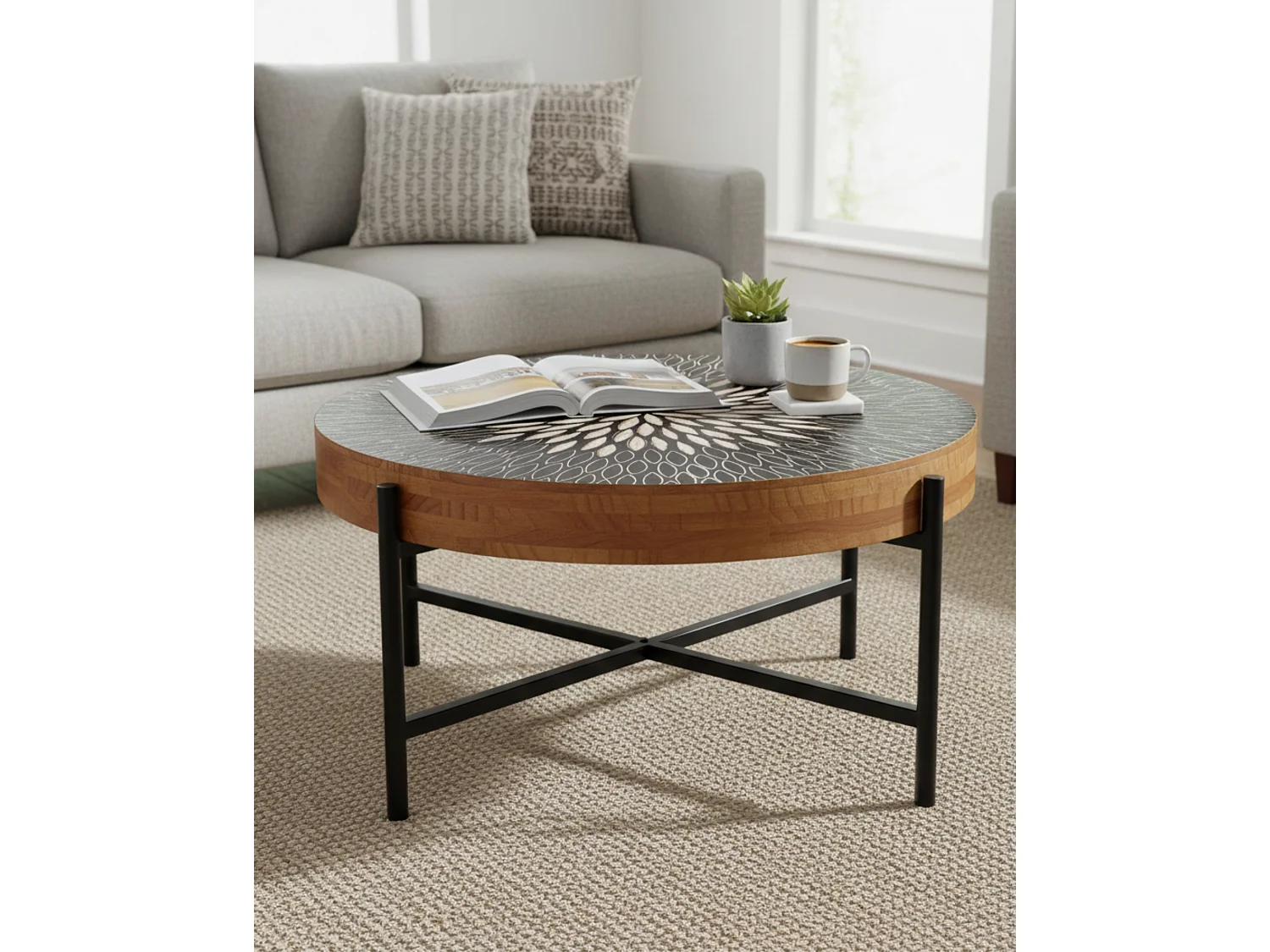 Tavolino da caffè rotondo "Bangkok" stile esotico dal design particolare a incisioni su legno