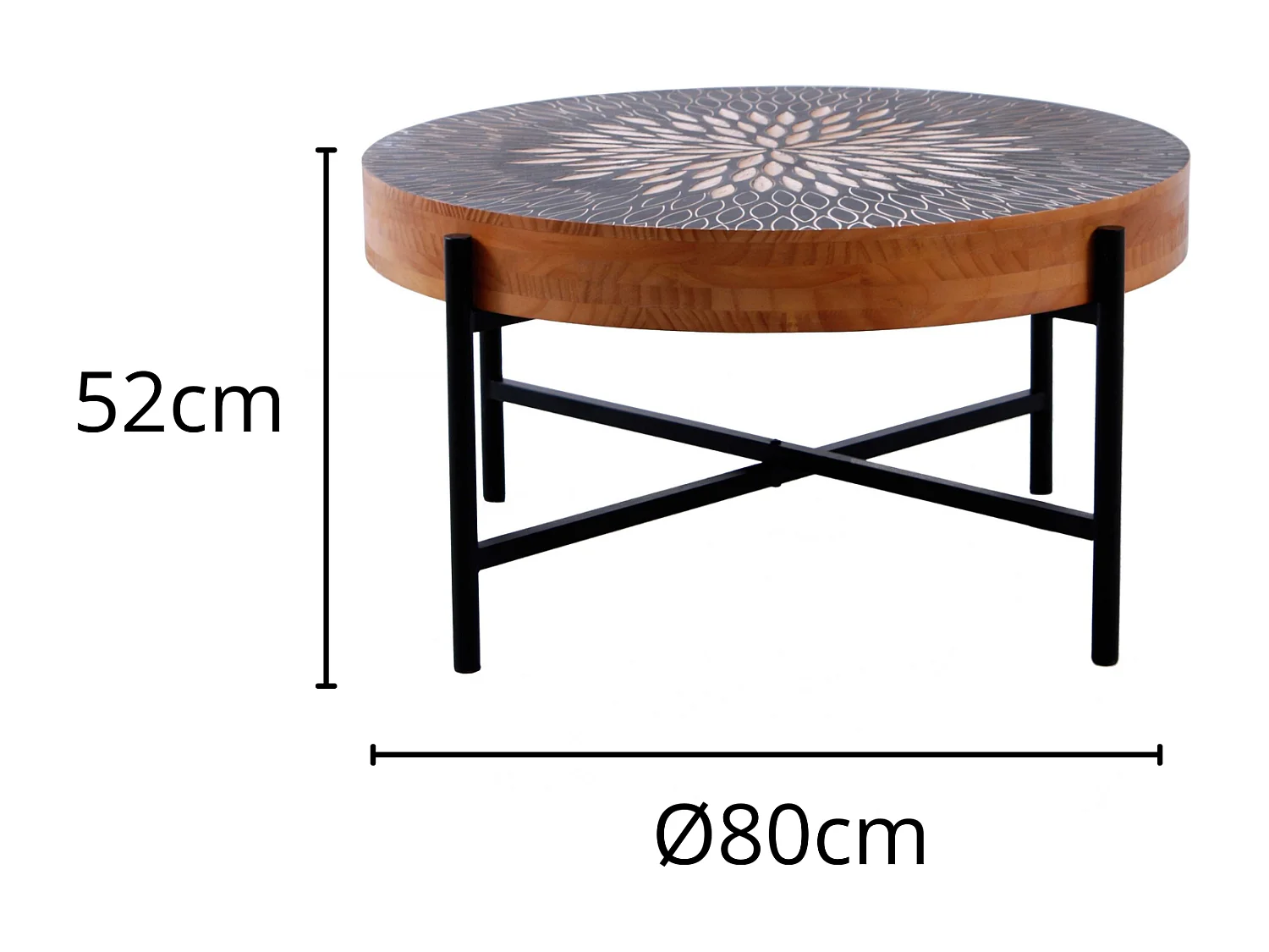 Tavolino da caffè rotondo "Bangkok" stile esotico dal design particolare a incisioni su legno