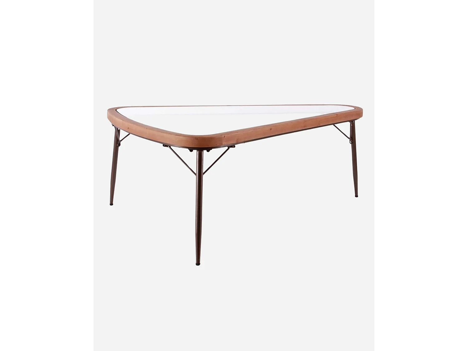 Tavolino triangolare in legno e metallo