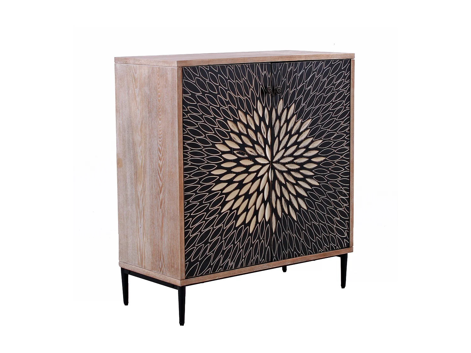 Credenza in legno quadrata colore marrone "Bangkok" stile esotico con design intagliato