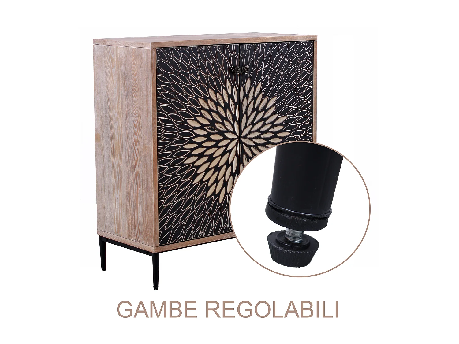 Credenza in legno quadrata colore marrone "Bangkok" stile esotico con design intagliato