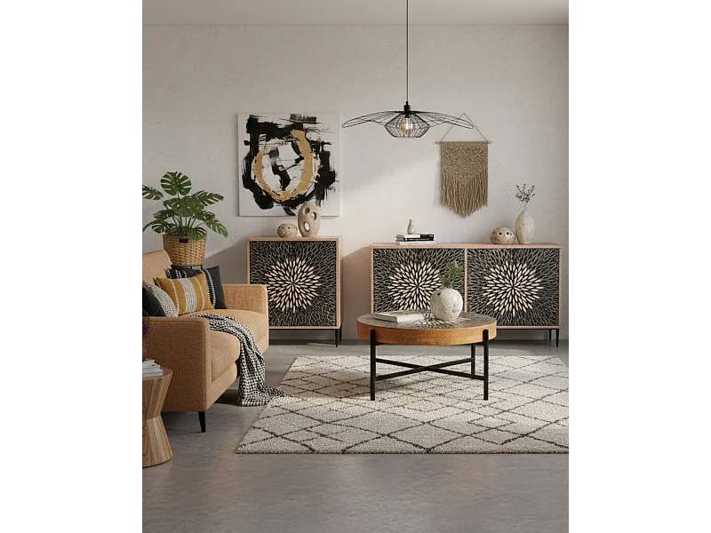 Credenza in legno quadrata colore marrone "Bangkok" stile esotico con design intagliato