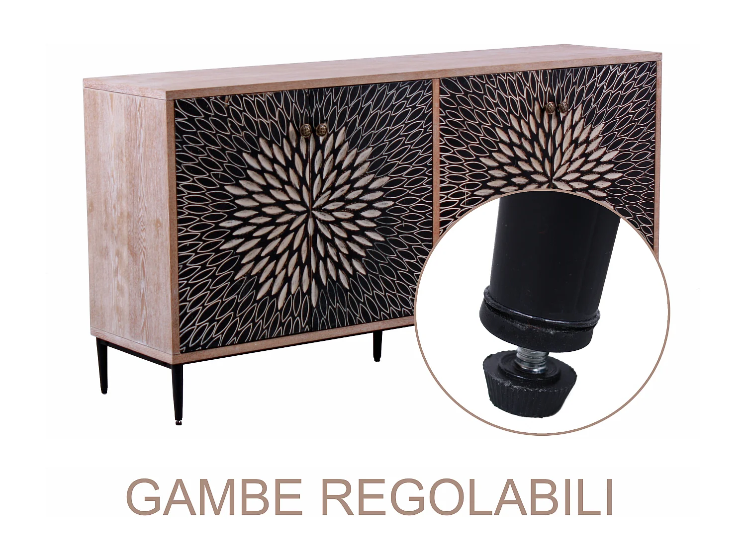Credenza rettangolare a due ante in legno marrone "Bangkok" stile esotico con design intagliato