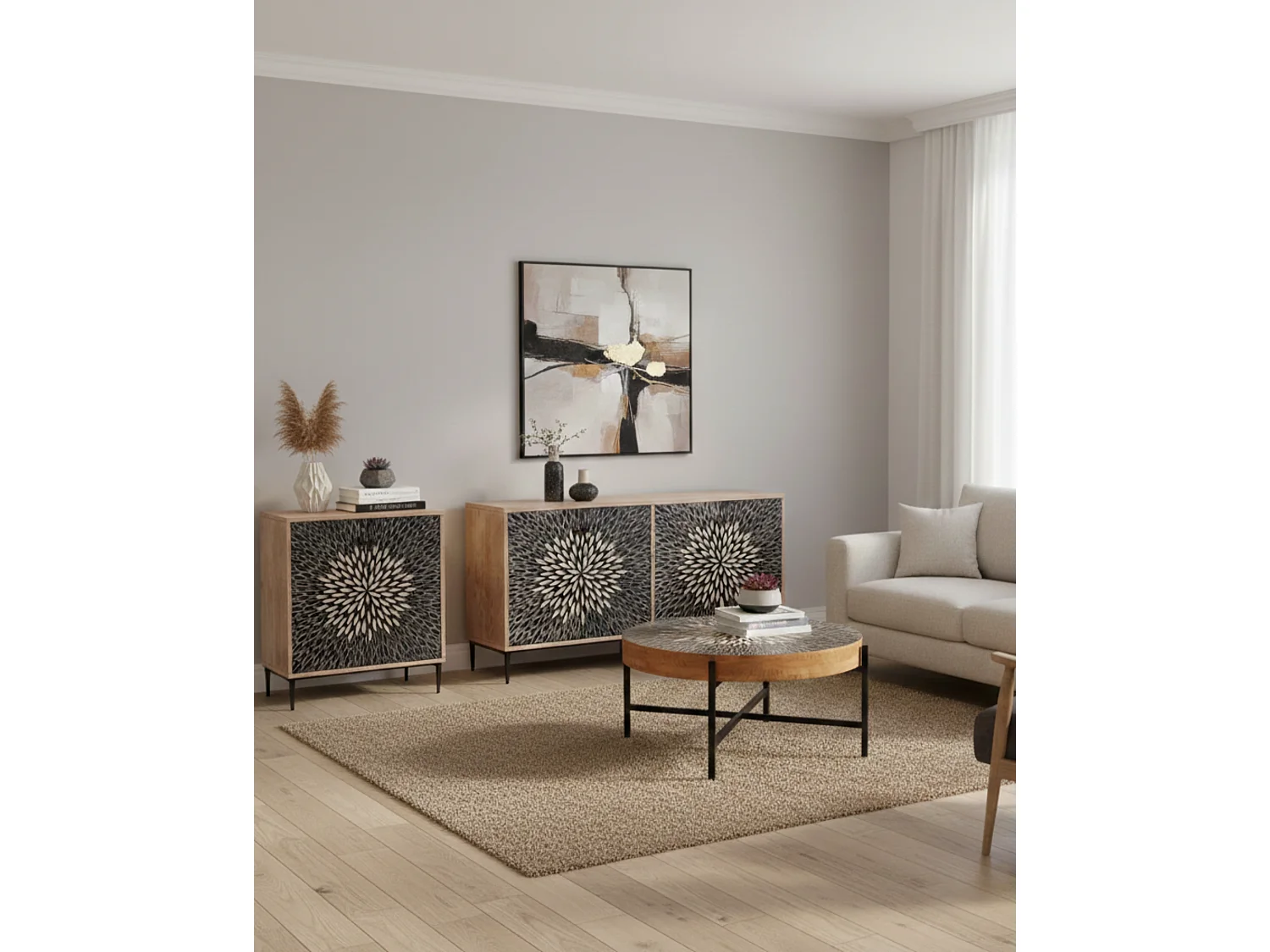 Credenza rettangolare a due ante in legno marrone "Bangkok" stile esotico con design intagliato