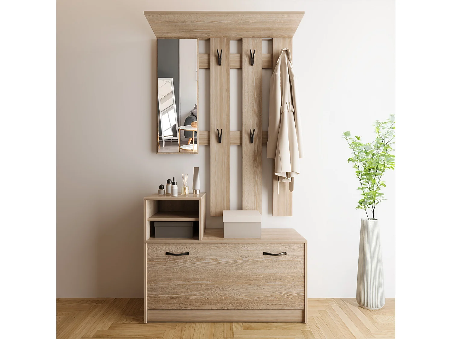 Set Di Mobili Da Ingresso Mobile Corridoio Con Specchio Scarpiera 6 Ganci Appendiabiti Guardaroba Arredo Arredamento Corridoio Entratina 160 x 100 x 24 Cm Rovere