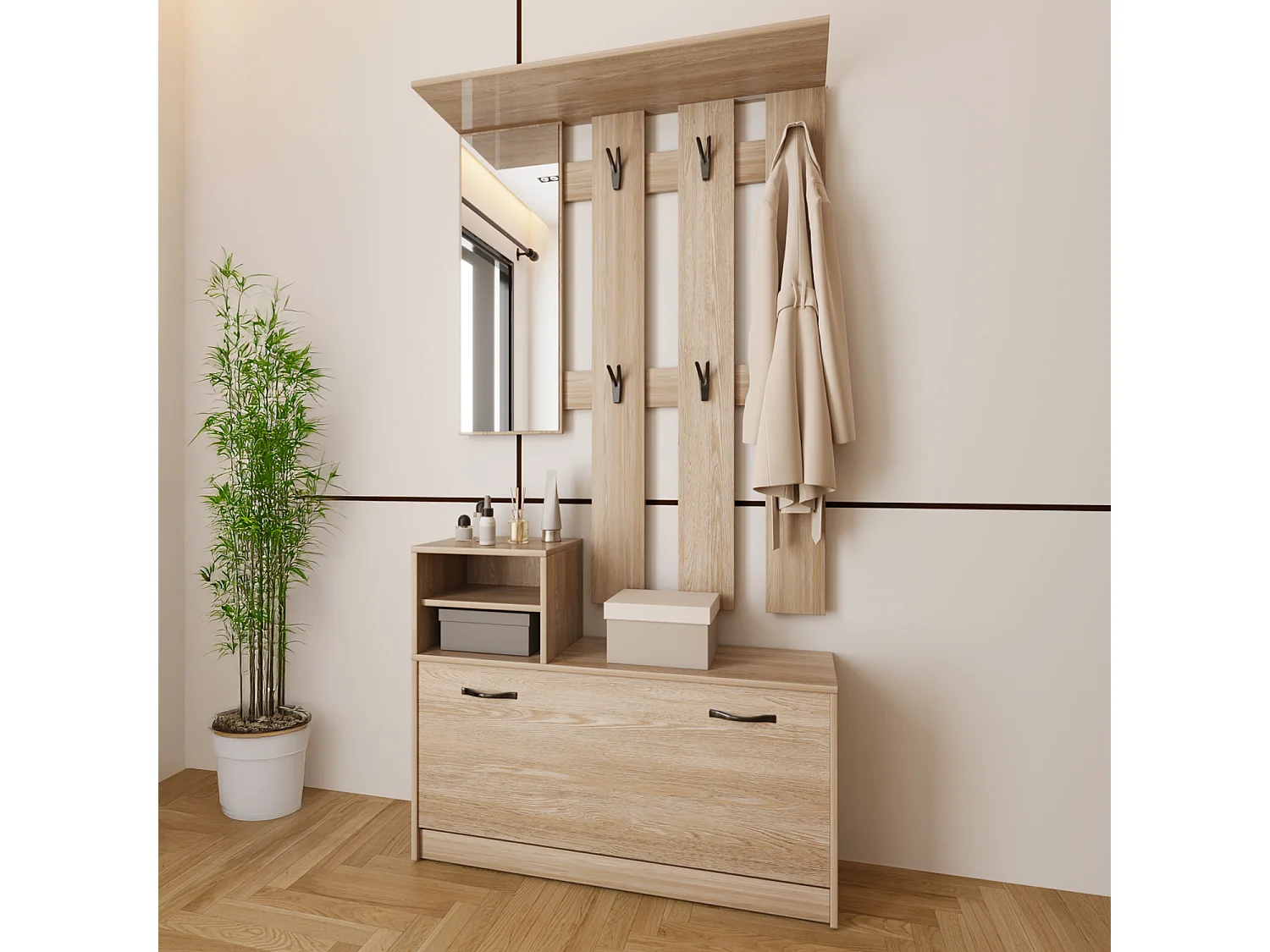 Set Di Mobili Da Ingresso Mobile Corridoio Con Specchio Scarpiera 6 Ganci Appendiabiti Guardaroba Arredo Arredamento Corridoio Entratina 160 x 100 x 24 Cm Rovere