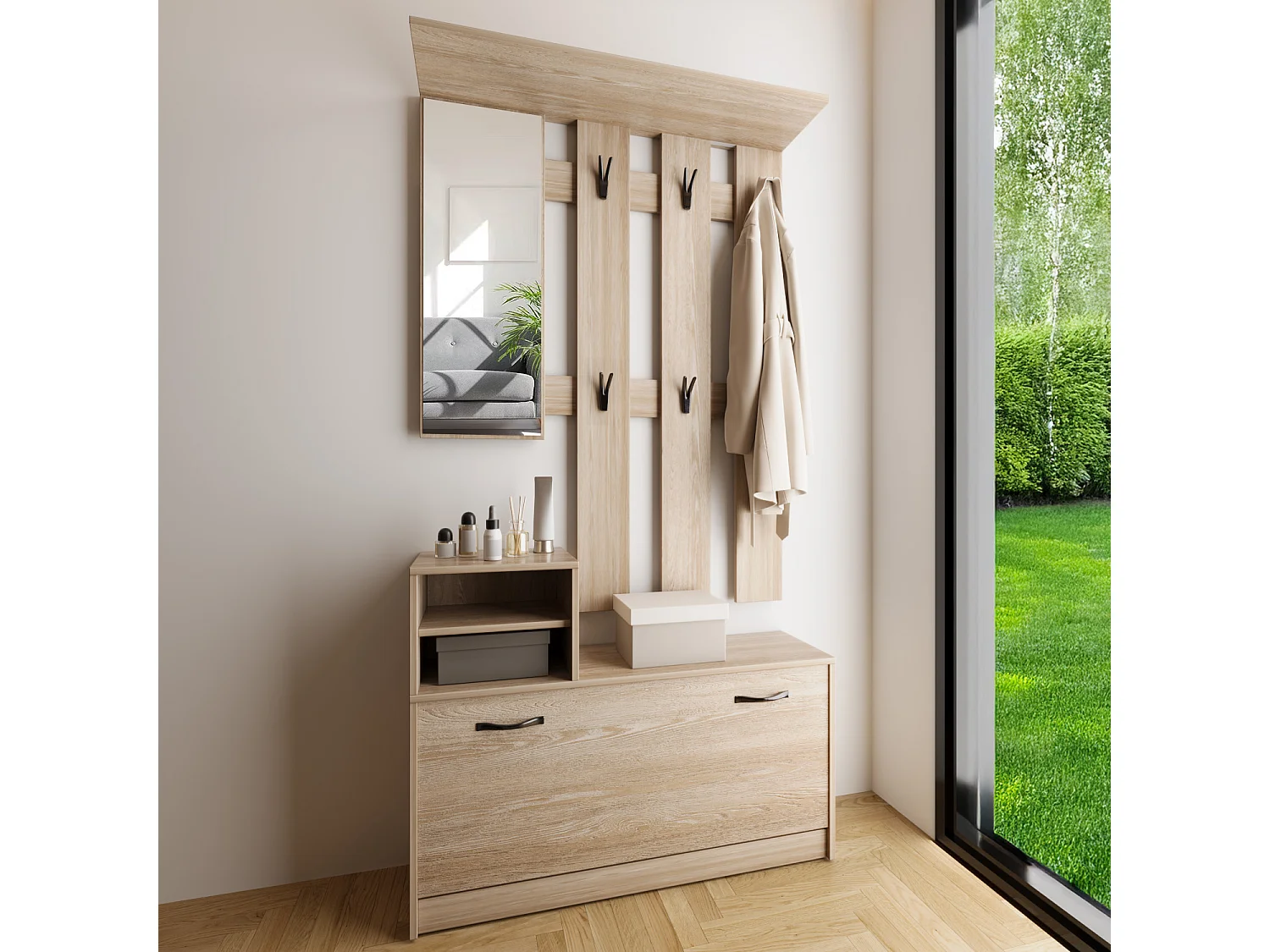 Set Di Mobili Da Ingresso Mobile Corridoio Con Specchio Scarpiera 6 Ganci Appendiabiti Guardaroba Arredo Arredamento Corridoio Entratina 160 x 100 x 24 Cm Rovere