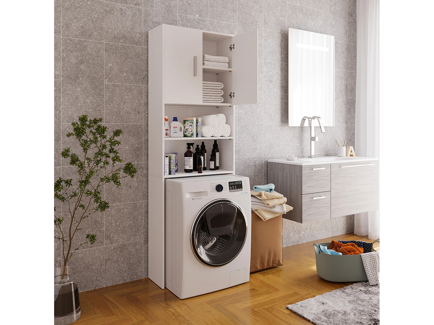 Mobile Sopra Lavatrice Asciugatrice Armadio Mobiletto Bagno Salvaspazio In Legno Armadietto Da Incasso A Colonna Con Ante Coprilavatrice 190 x 26 x 64 Cm Bianco