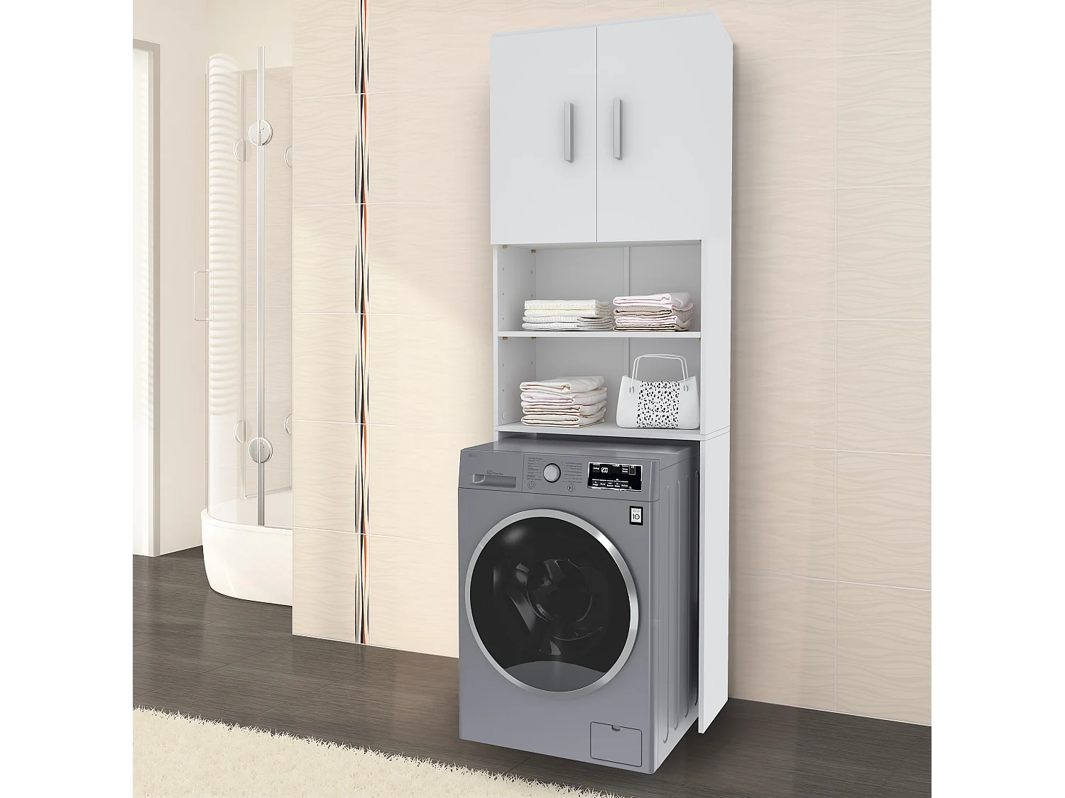 Mobile Sopra Lavatrice Asciugatrice Armadio Mobiletto Bagno Salvaspazio In Legno Armadietto Da Incasso A Colonna Con Ante Coprilavatrice 190 x 26 x 64 Cm Bianco