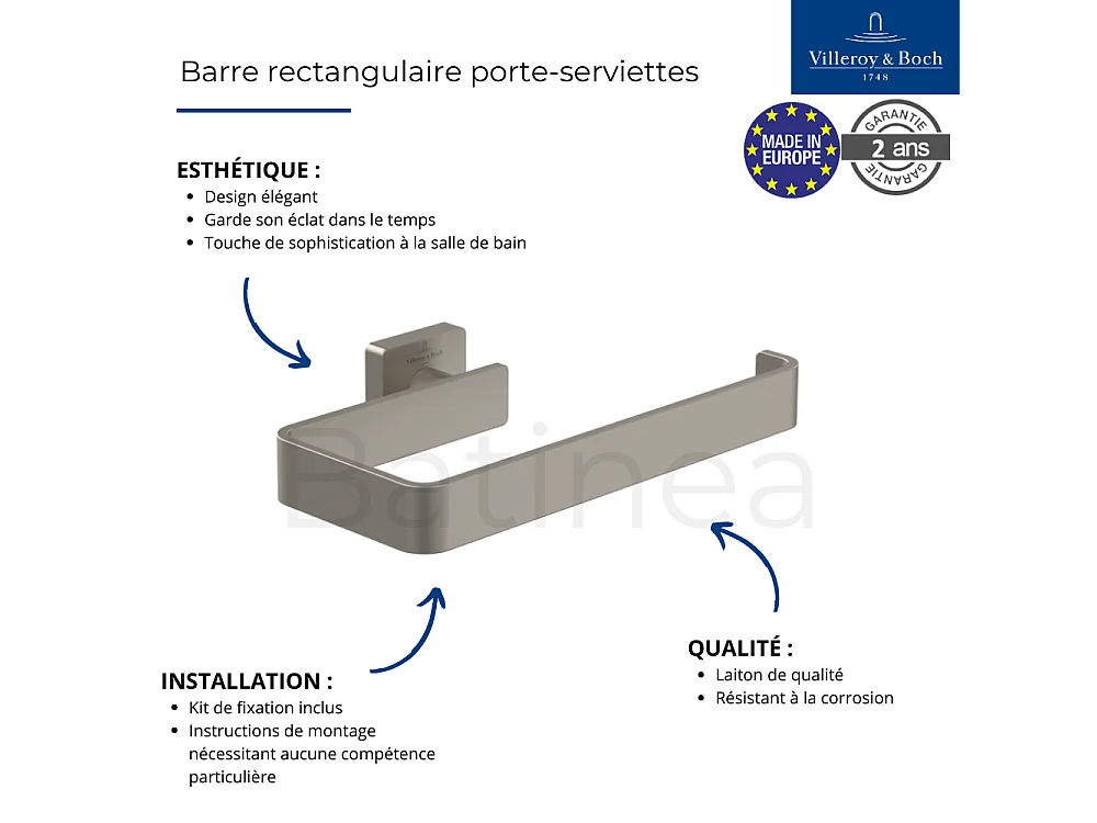 Barre rectangulaire porte-serviettes VILLEROY ET BOCH Elements - Striking nickel brossé