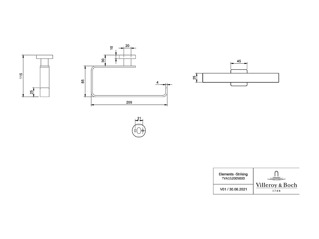Barre rectangulaire porte-serviettes VILLEROY ET BOCH Elements - Striking nickel brossé