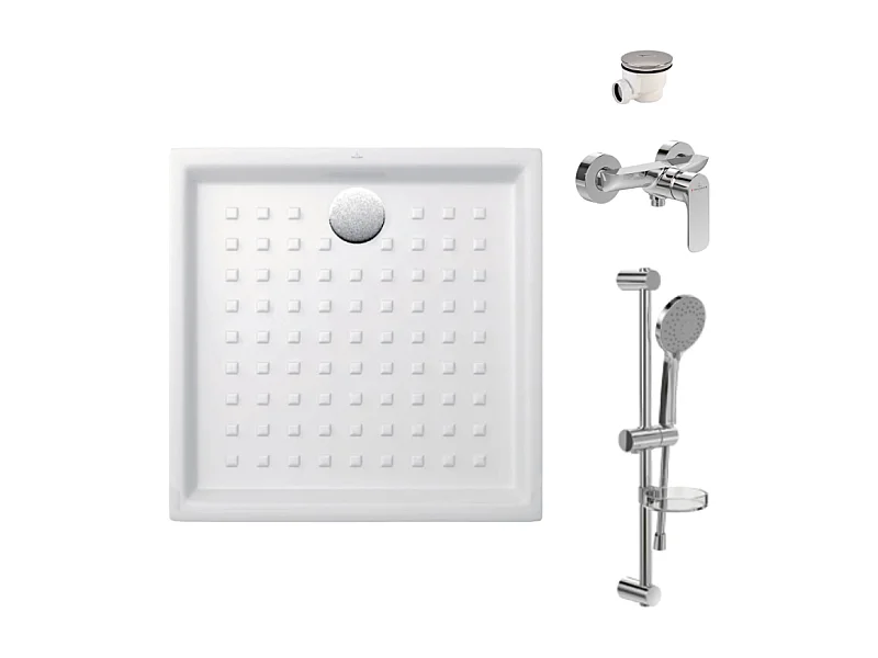 Pack receveur 100 x 100 VILLEROY ET BOCH O.Novo céramique carré blanc avec bonde D90 et robinetterie