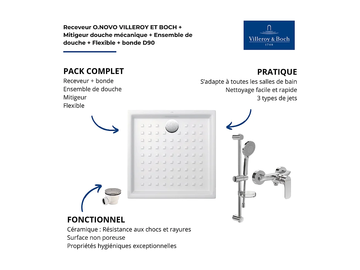 Pack receveur 100 x 100 VILLEROY ET BOCH O.Novo céramique carré blanc avec bonde D90 et robinetterie