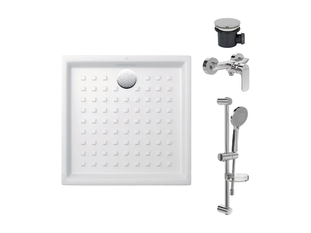 Pack receveur 100 x 100 VILLEROY ET BOCH O.Novo céramique carré blanc avec bonde D90 et robinetterie