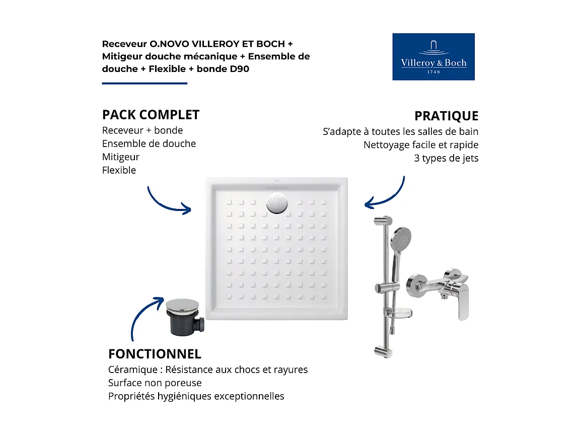 Pack receveur 100 x 100 VILLEROY ET BOCH O.Novo céramique carré blanc avec bonde D90 et robinetterie