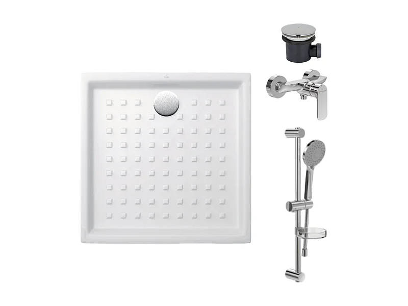 Pack receveur 100 x 100 VILLEROY ET BOCH O.Novo céramique carré blanc avec bonde D90 et robinetterie
