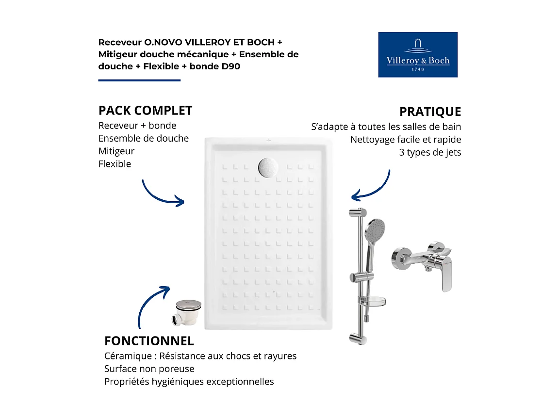 Pack receveur 100 x 80 VILLEROY ET BOCH O .Novo céramique rectangle blanc avec bonde D90 et robinetterie