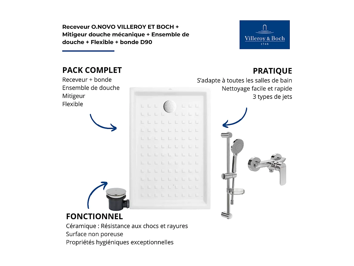 Pack receveur 100 x 80 VILLEROY ET BOCH O .Novo céramique rectangle blanc avec bonde D90 et robinetterie