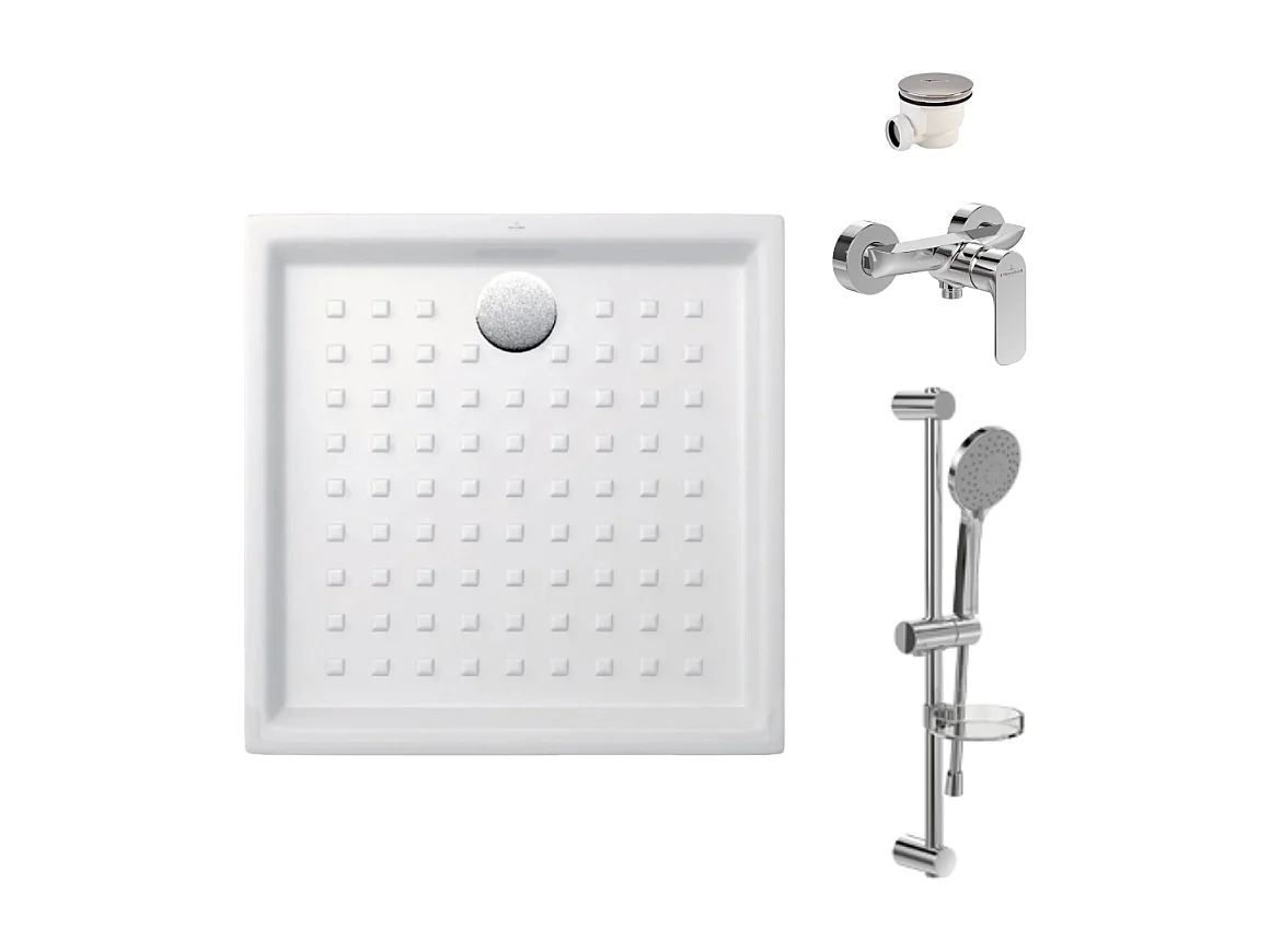 pack receveur 90 x 90 Villeroy & boch O Novo ceramique carré blanc avec bonde D90 et robinetterie