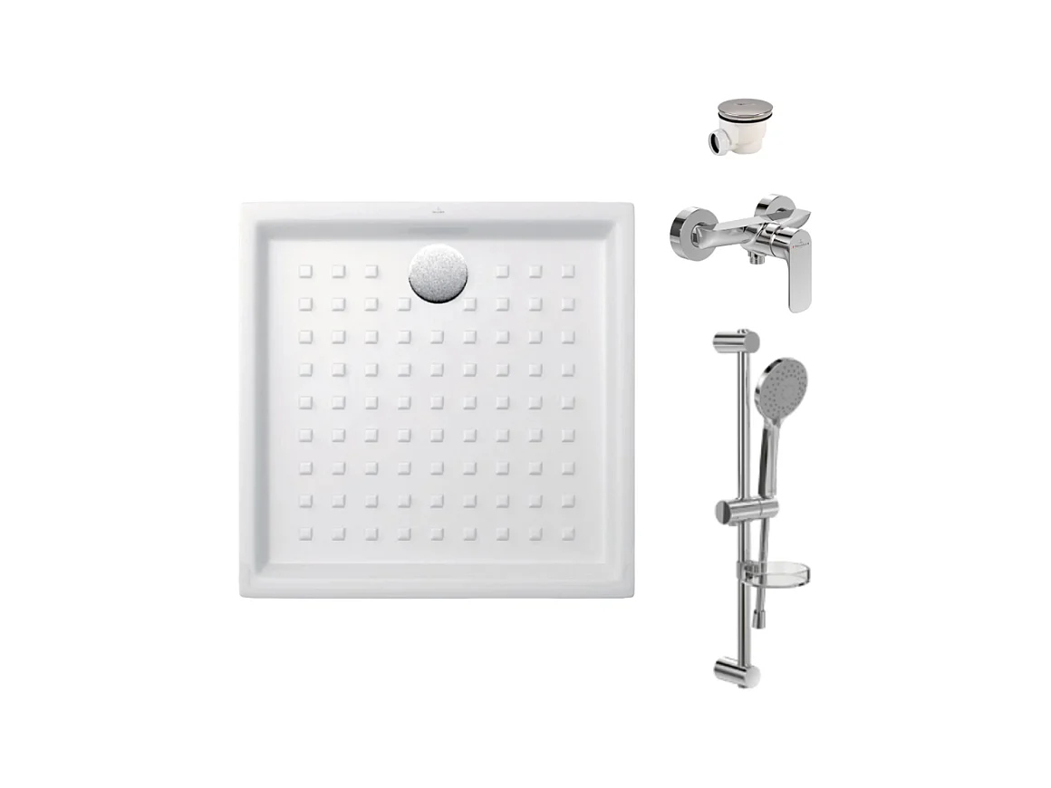 pack receveur 90 x 90 Villeroy & boch O Novo ceramique carré blanc avec bonde D90 et robinetterie