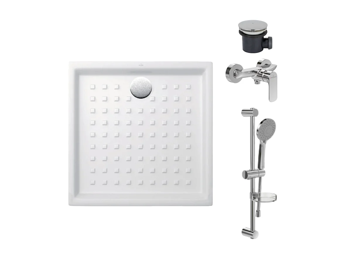 pack receveur 90 x 90 Villeroy & boch O Novo ceramique carré blanc avec bonde D90 et robinetterie