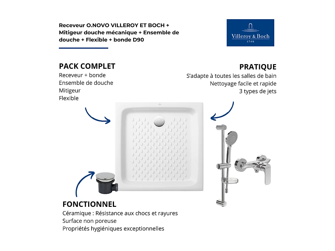 pack receveur 90 x 90 Villeroy & boch O Novo ceramique carré blanc avec bonde D90 et robinetterie